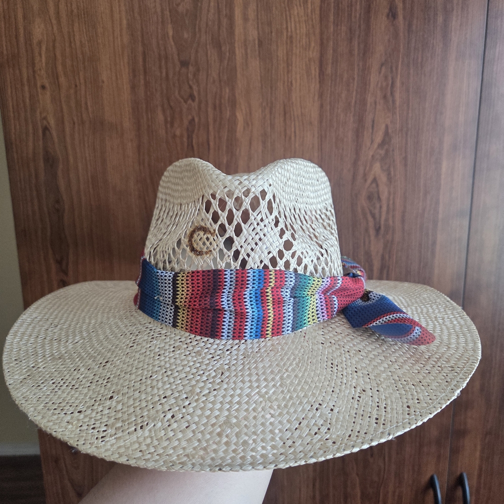 Cream Straw Sun Hat with Multicolor Woven Band